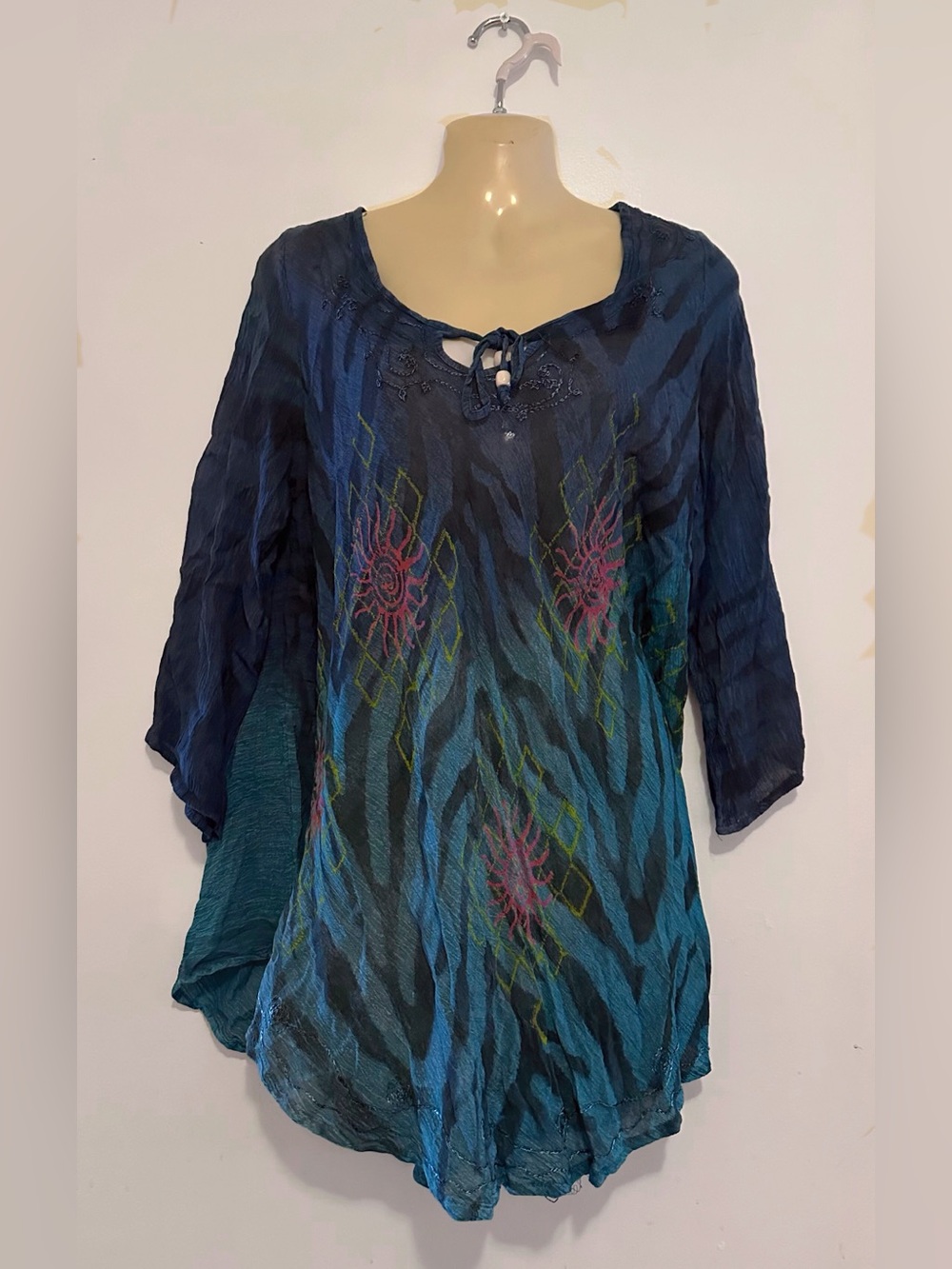 Women's Blue Teal Patterned Peasant Top